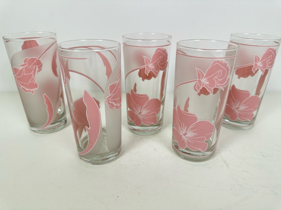 (5) Vintage Culver Pink Hibiscus Glasses 6'H [Photo 3]