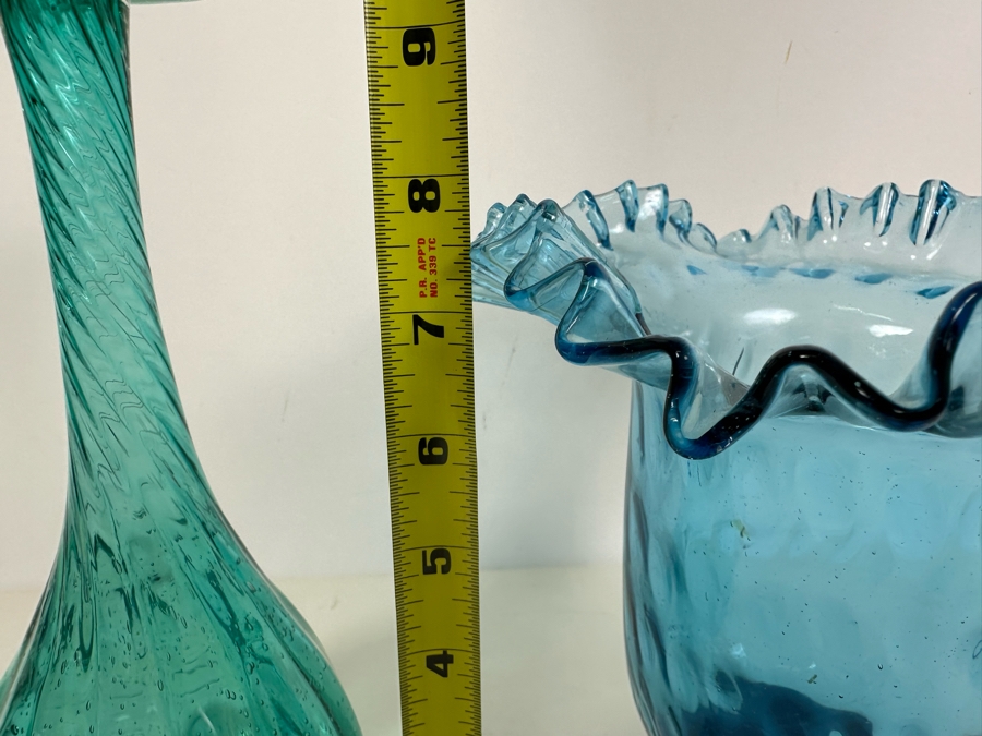 Vintage Handblown Glass Swirl Genie Bottle 10'H And Handblown Ruffled Footed Glass Vase 8'H [Photo 5]