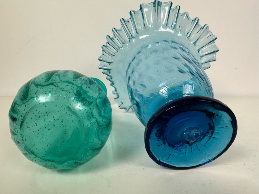 Vintage Handblown Glass Swirl Genie Bottle 10'H And Handblown Ruffled Footed Glass Vase 8'H [Photo 6]