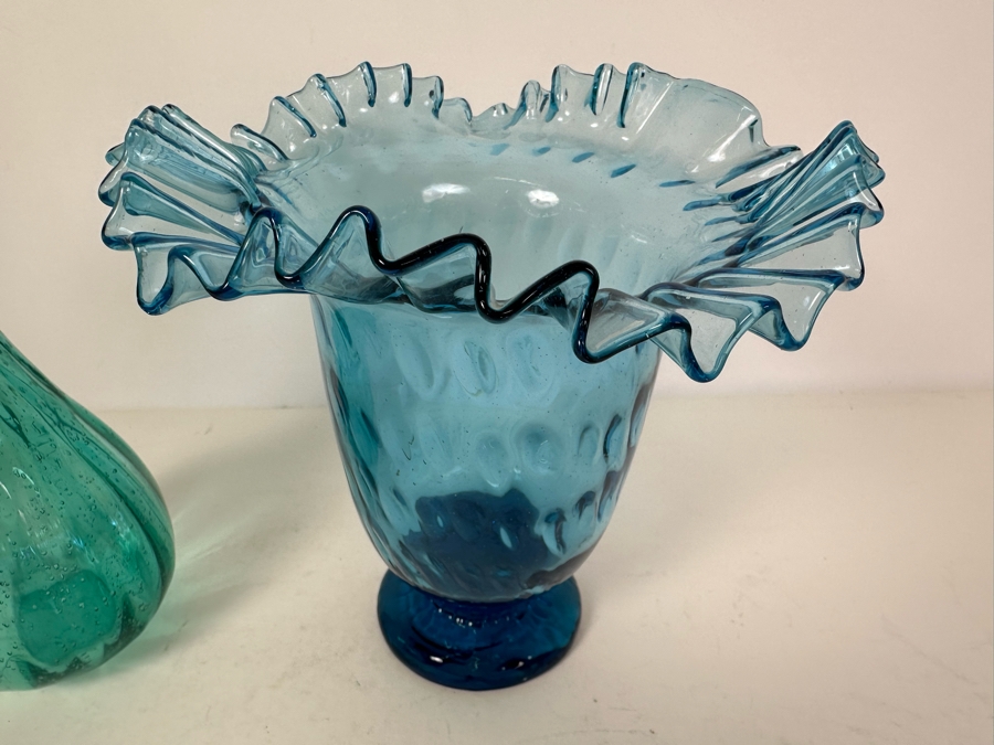 Vintage Handblown Glass Swirl Genie Bottle 10'H And Handblown Ruffled Footed Glass Vase 8'H [Photo 2]