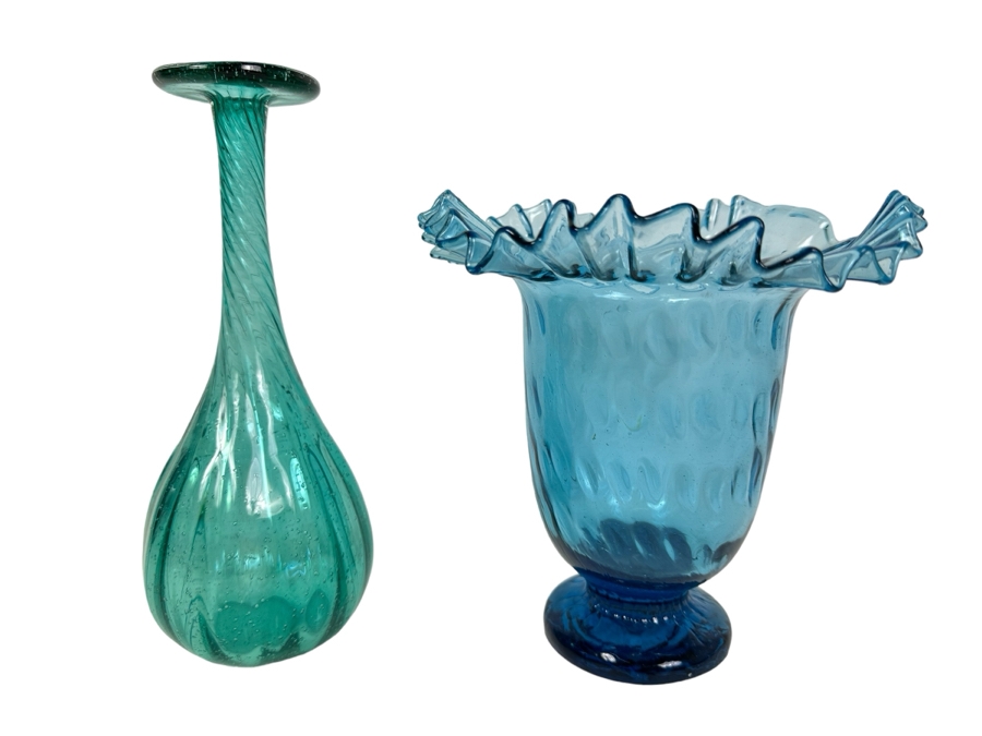 Vintage Handblown Glass Swirl Genie Bottle 10'H And Handblown Ruffled Footed Glass Vase 8'H [Photo 1]