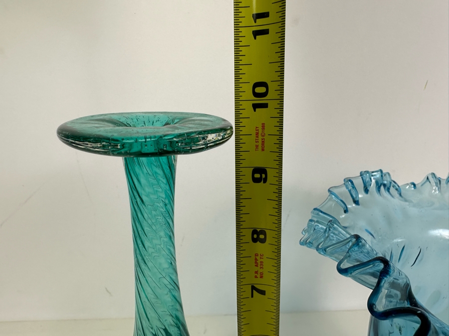 Vintage Handblown Glass Swirl Genie Bottle 10'H And Handblown Ruffled Footed Glass Vase 8'H [Photo 4]