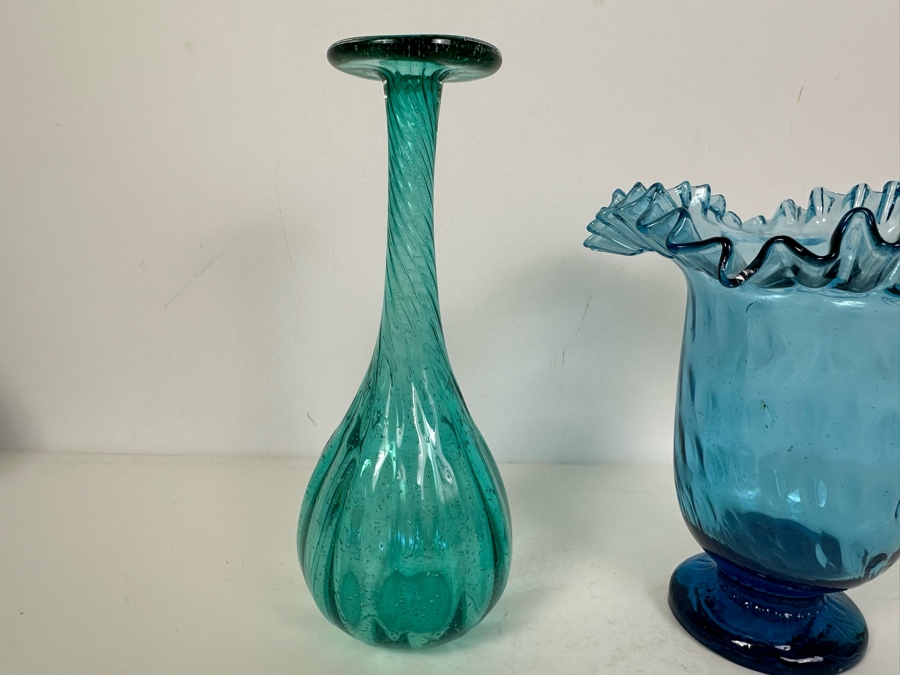 Vintage Handblown Glass Swirl Genie Bottle 10'H And Handblown Ruffled Footed Glass Vase 8'H [Photo 3]