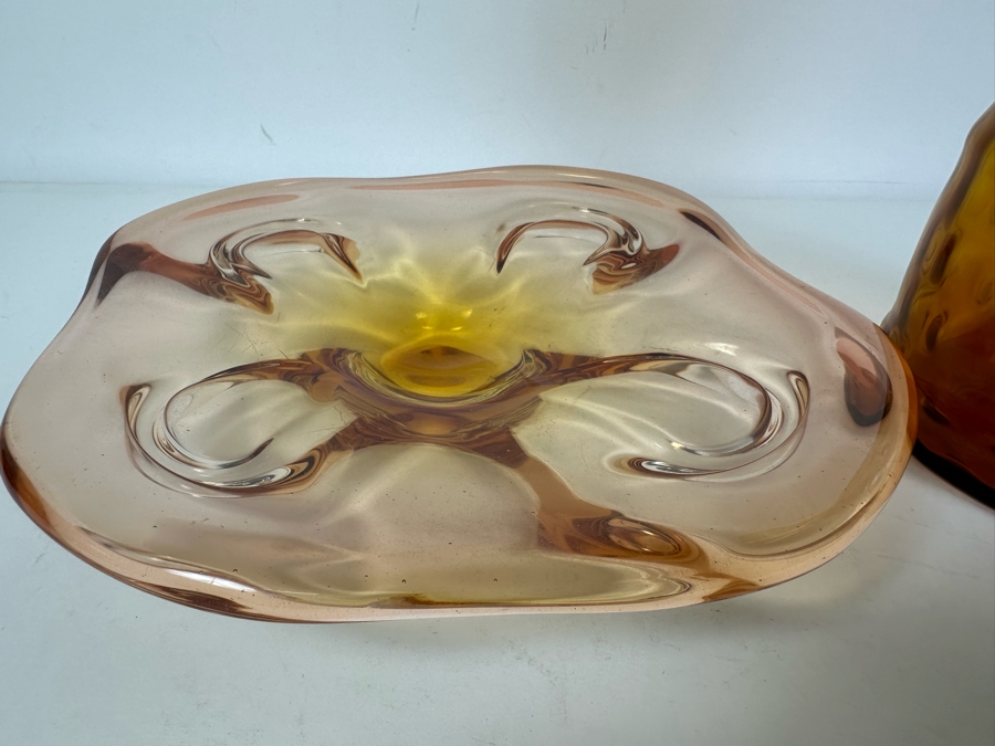 Vintage Italian Murano Glass Dish 9.5'W And Amber Glass Vase Carafe 10'H [Photo 5]