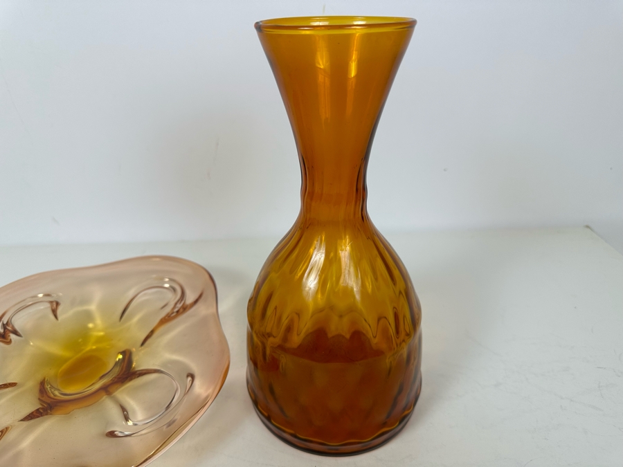 Vintage Italian Murano Glass Dish 9.5'W And Amber Glass Vase Carafe 10'H [Photo 6]