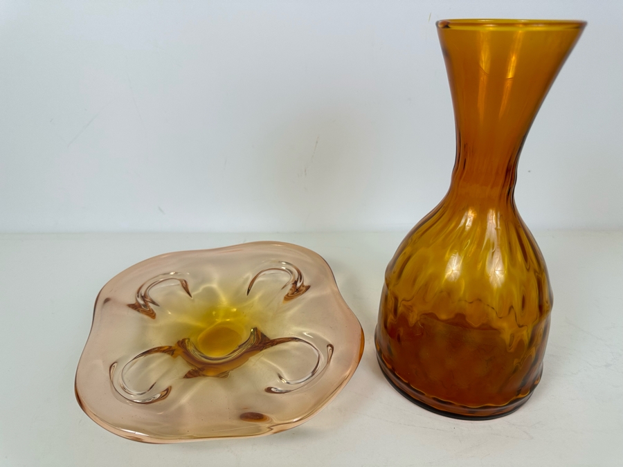 Vintage Italian Murano Glass Dish 9.5'W And Amber Glass Vase Carafe 10'H [Photo 3]