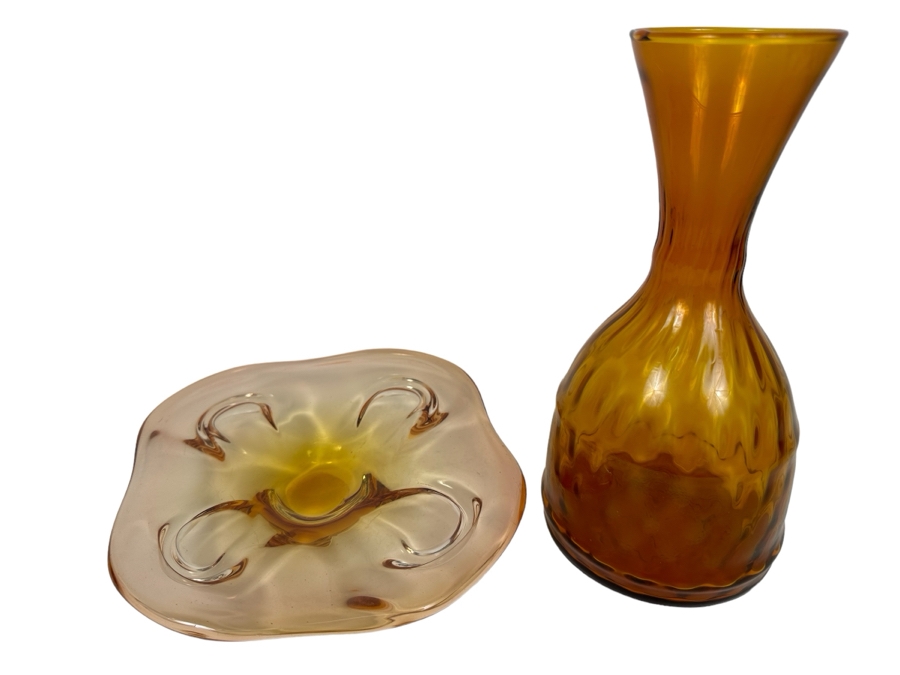Vintage Italian Murano Glass Dish 9.5'W And Amber Glass Vase Carafe 10'H [Photo 1]