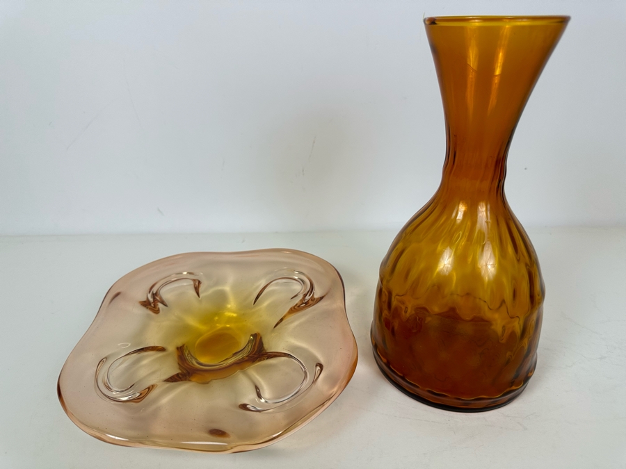 Vintage Italian Murano Glass Dish 9.5'W And Amber Glass Vase Carafe 10'H [Photo 2]