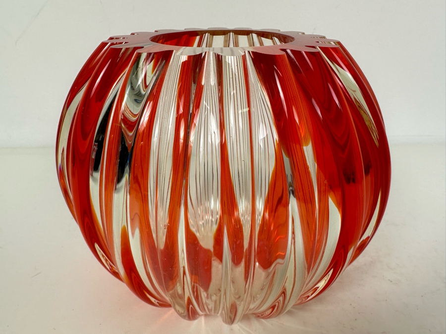 Vintage MCM Italian Murano Glass Ribbed Red Art Glass Vase 5.5'H [Photo 2]