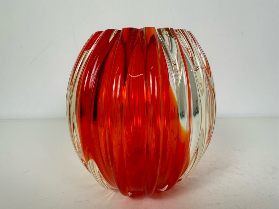 Vintage MCM Italian Murano Glass Ribbed Red Art Glass Vase 5.5'H [Photo 5]