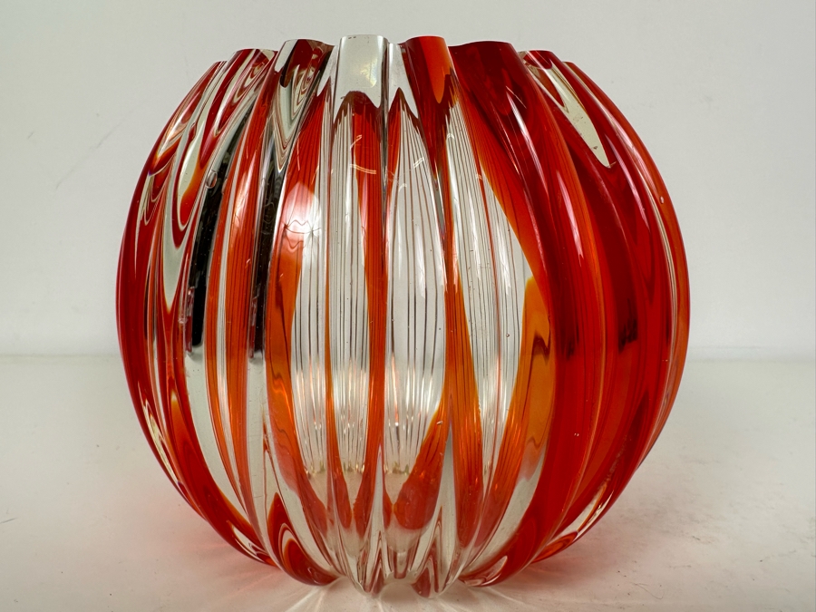 Vintage MCM Italian Murano Glass Ribbed Red Art Glass Vase 5.5'H [Photo 6]