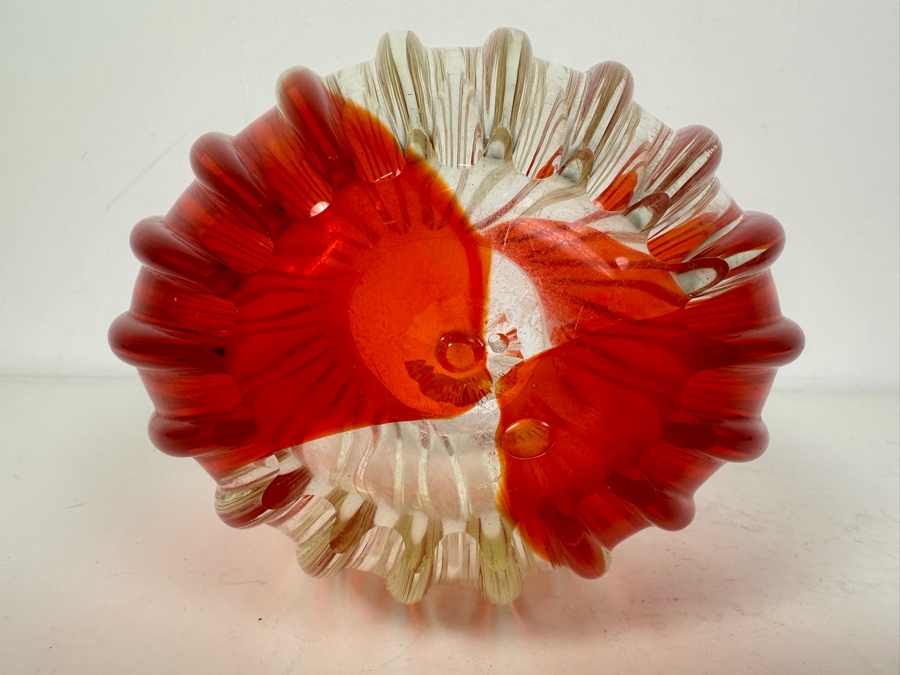 Vintage MCM Italian Murano Glass Ribbed Red Art Glass Vase 5.5'H [Photo 7]