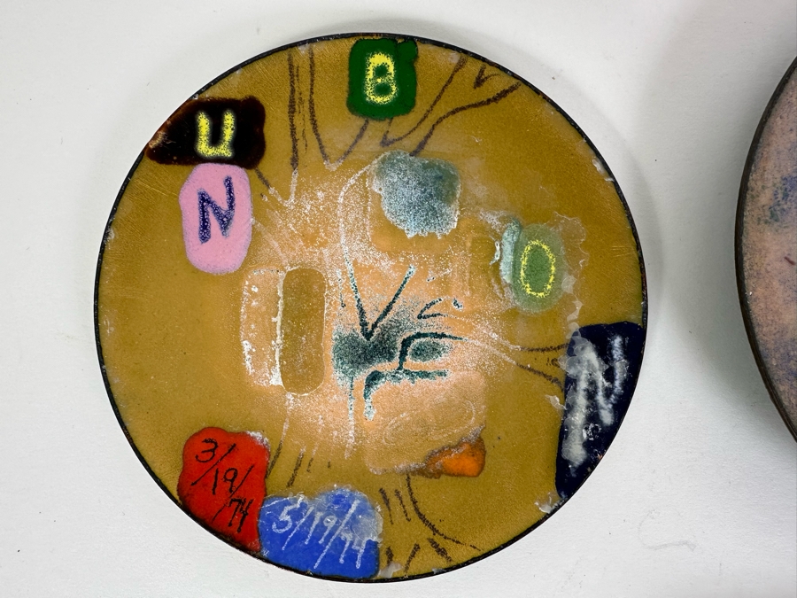 Collection Of Six Handmade Enamel Copper Plates Dishes Of Various Makes Including Annemarie Davidson And Bovano 4' - 5.75' [Photo 3]