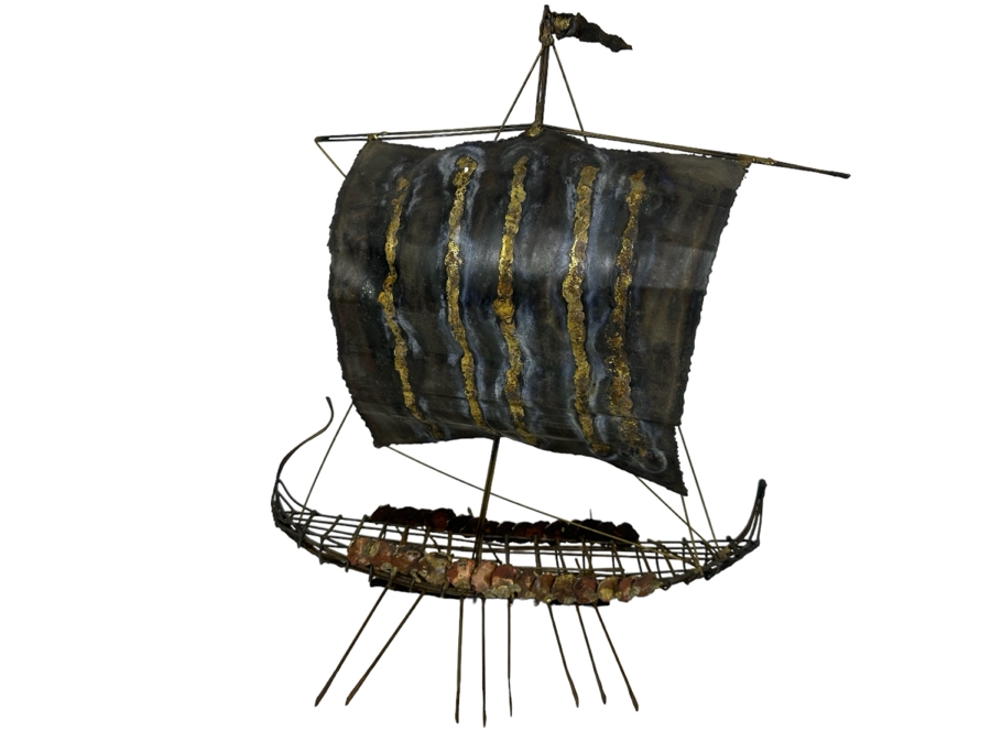 Vintage Mid-Century Modern Metal Viking Sailing Ship Sculpture 15'W X 10'D X 16'H [Photo 1]
