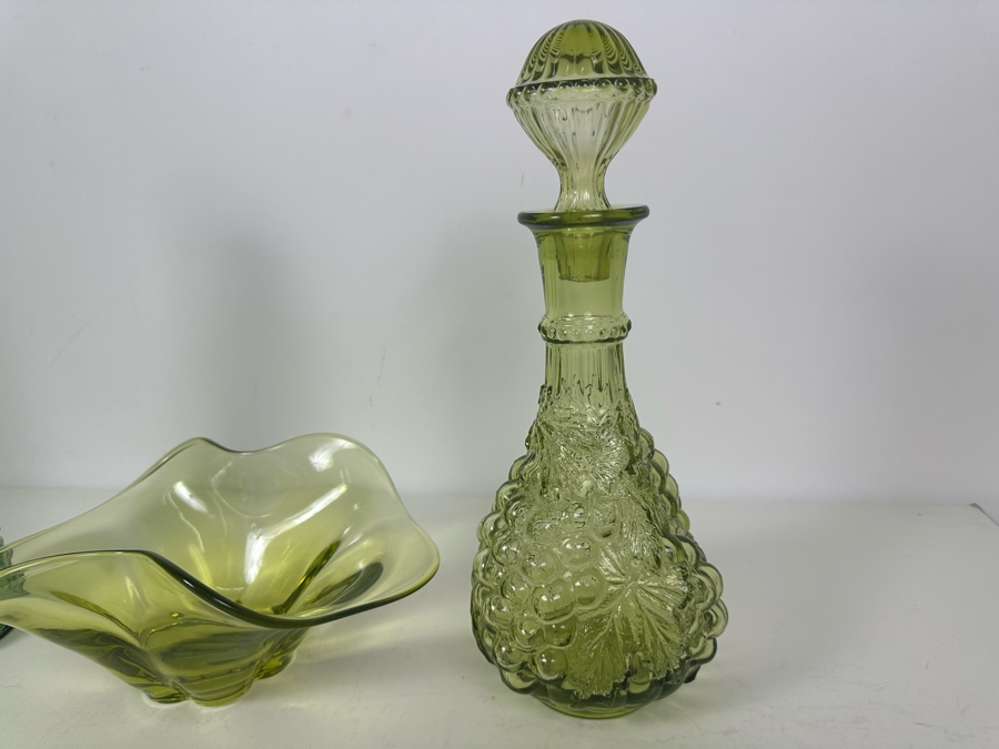 Vintage MCM Italian Empoli Glass Bottle 13'H (L), Vintage Art Glass Bowl 5'H (M) Imperial Glass Decanter With Stopper 12'H (R) [Photo 5]