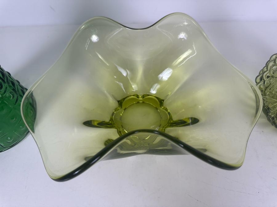 Vintage MCM Italian Empoli Glass Bottle 13'H (L), Vintage Art Glass Bowl 5'H (M) Imperial Glass Decanter With Stopper 12'H (R) [Photo 3]