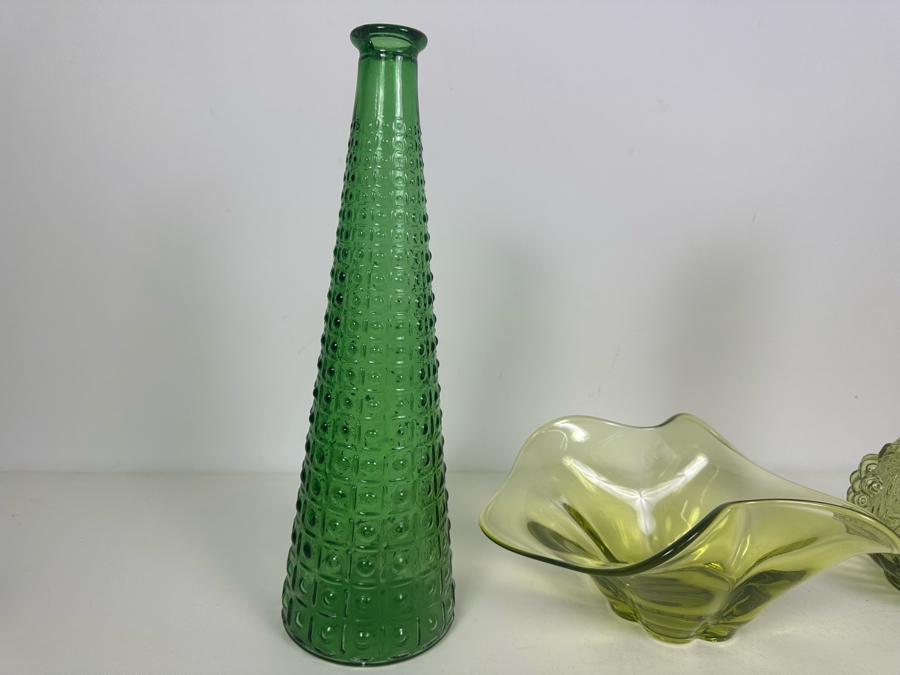 Vintage MCM Italian Empoli Glass Bottle 13'H (L), Vintage Art Glass Bowl 5'H (M) Imperial Glass Decanter With Stopper 12'H (R) [Photo 2]