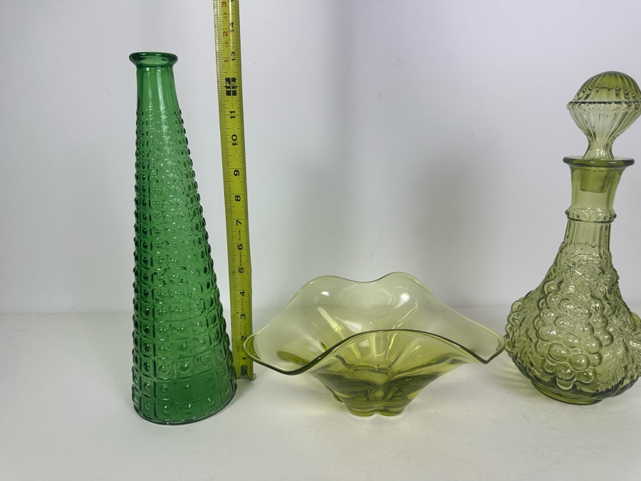 Vintage MCM Italian Empoli Glass Bottle 13'H (L), Vintage Art Glass Bowl 5'H (M) Imperial Glass Decanter With Stopper 12'H (R) [Photo 7]
