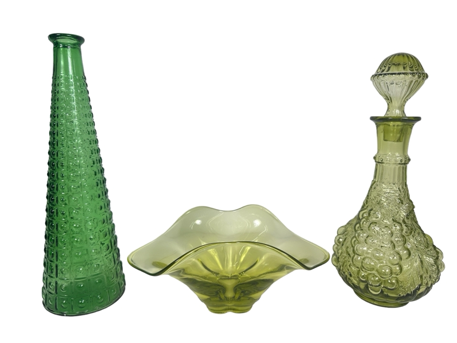 Vintage MCM Italian Empoli Glass Bottle 13'H (L), Vintage Art Glass Bowl 5'H (M) Imperial Glass Decanter With Stopper 12'H (R) [Photo 1]
