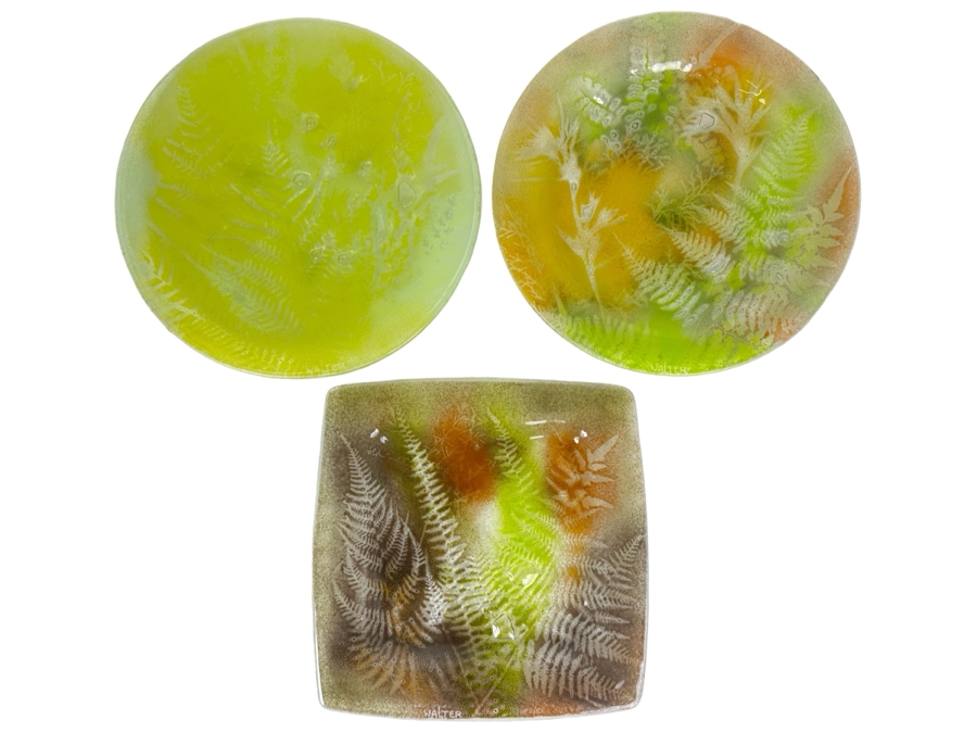 (3) Studio Art Glass Plates With Ferns By Edwin D. Walter 10.75'W [Photo 1]