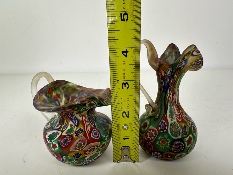 Pair Of Vintage Italian Millefiori Art Glass Miniature Pitchers 3'H And 4.25'H [Photo 5]