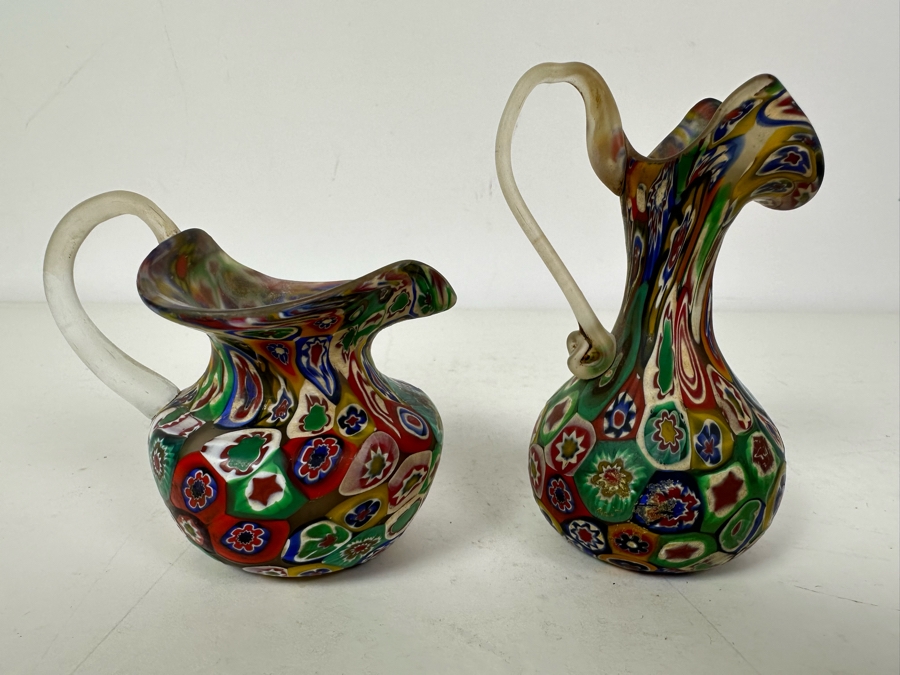 Pair Of Vintage Italian Millefiori Art Glass Miniature Pitchers 3'H And 4.25'H [Photo 3]