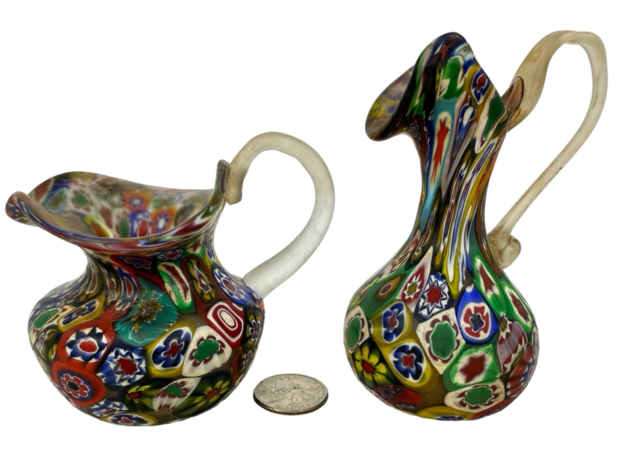 Pair Of Vintage Italian Millefiori Art Glass Miniature Pitchers 3'H And 4.25'H [Photo 1]