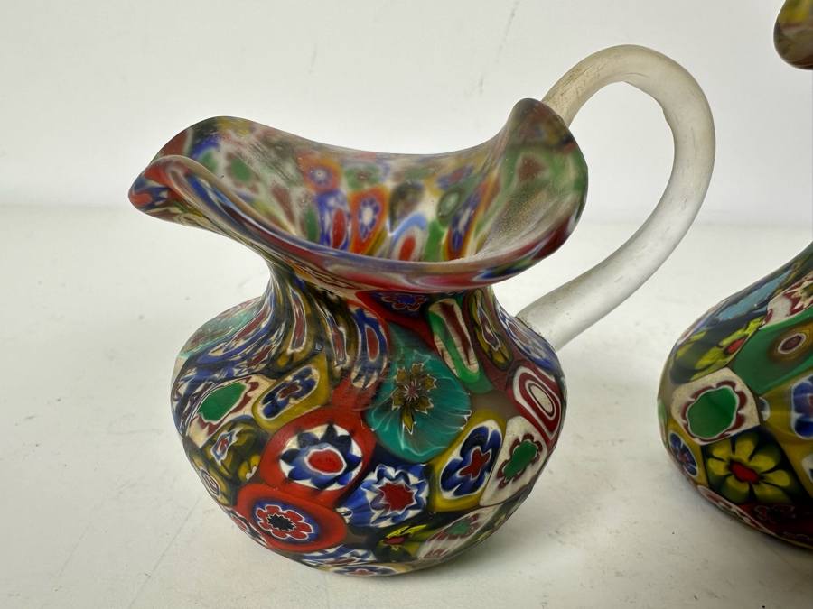 Pair Of Vintage Italian Millefiori Art Glass Miniature Pitchers 3'H And 4.25'H [Photo 2]
