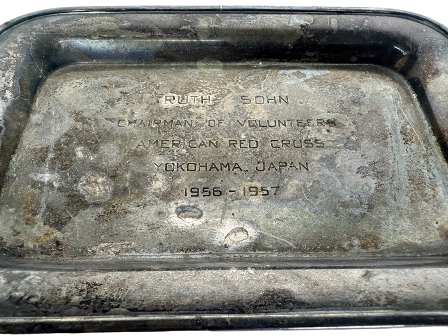 Small Sterling Silver Tray Engraved 'Ruth Sohn - Chairman Of Volunteers American Red Cross Yokohama, Japan 1956-1957' 6'W X 4'D 96.4g
