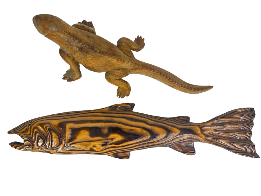 Carved Wooden Salmon Fish Wall Decor 17.5'L And Carved Wooden Iguana Lizard 12'L [Photo 1]