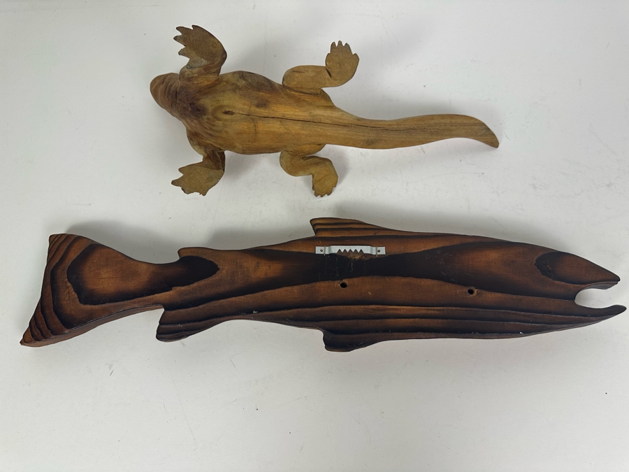 Carved Wooden Salmon Fish Wall Decor 17.5'L And Carved Wooden Iguana Lizard 12'L [Photo 5]