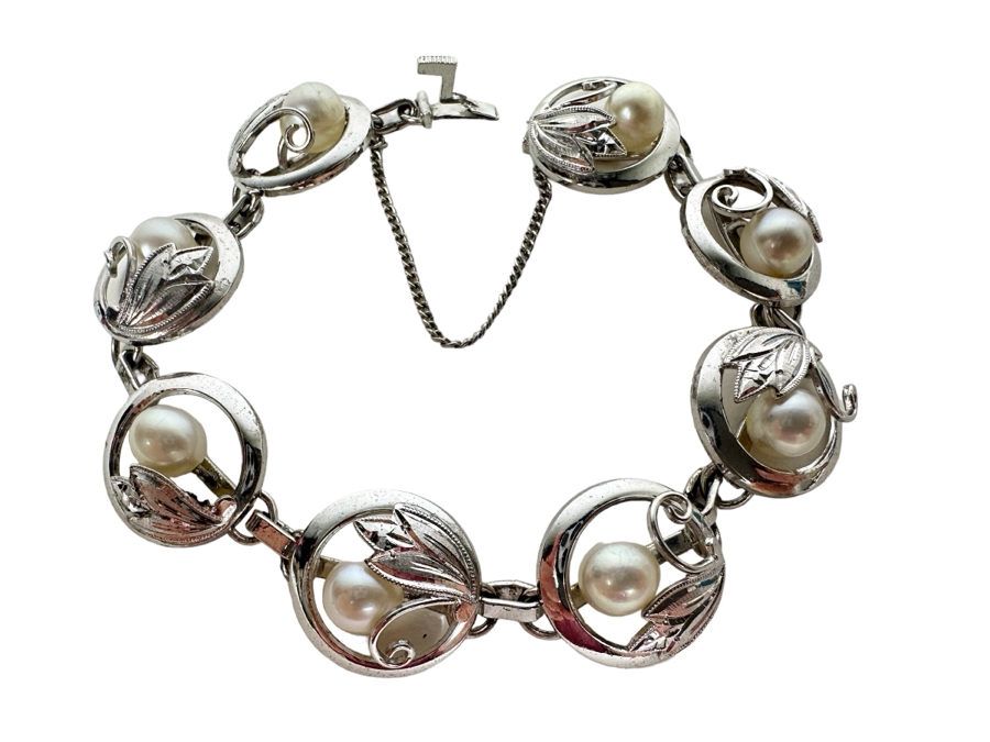 Sterling Silver With Pearls 6' Bracelet 18.6g [Photo 1]