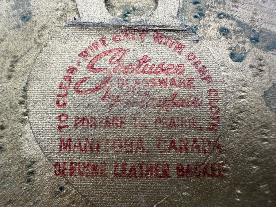 Vintage MCM Hand Painted Seetusee Glassware Leather Backed Wall Decor By Mayfair Manitoba, Canada 11.5'R [Photo 6]