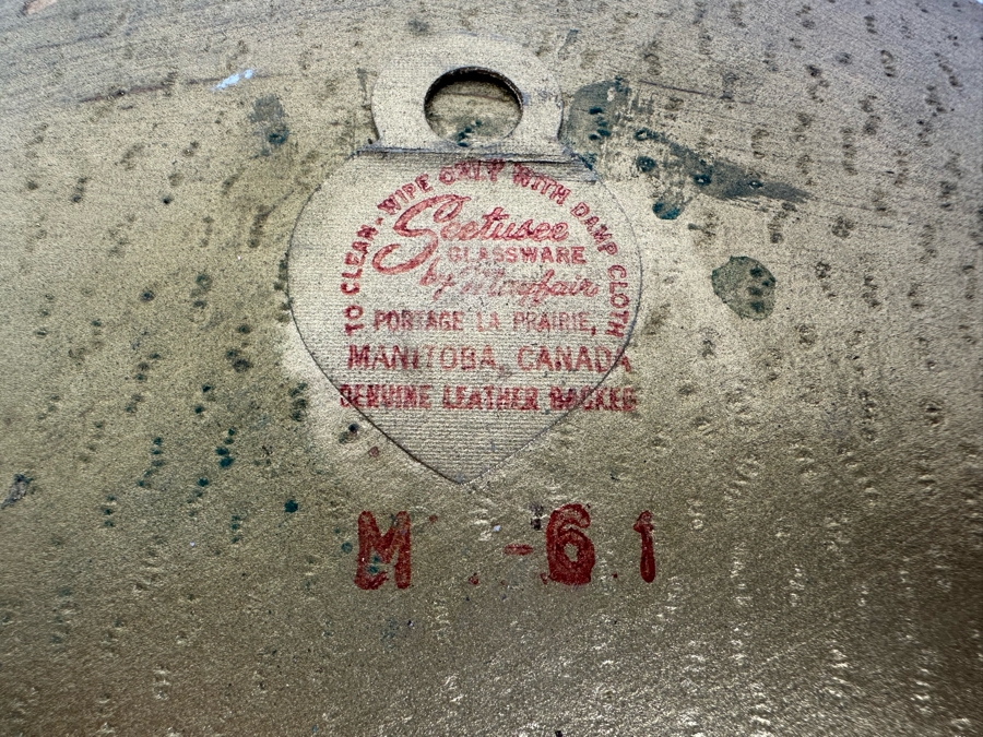 Vintage MCM Hand Painted Seetusee Glassware Leather Backed Wall Decor By Mayfair Manitoba, Canada 11.5'R [Photo 4]