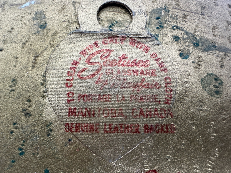 Vintage MCM Hand Painted Seetusee Glassware Leather Backed Wall Decor By Mayfair Manitoba, Canada 11.5'R [Photo 5]