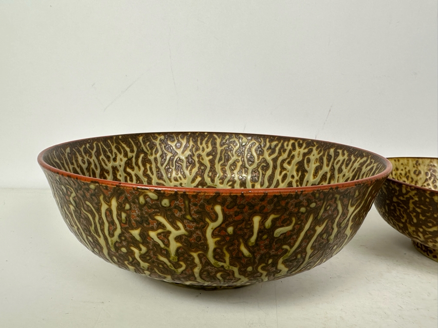 Pair Of Stunning Signed Asian Lotus Pottery Bowls 9.5'W & 7.5'W [Photo 5]