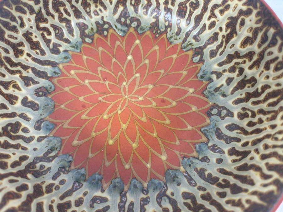 Pair Of Stunning Signed Asian Lotus Pottery Bowls 9.5'W & 7.5'W [Photo 4]