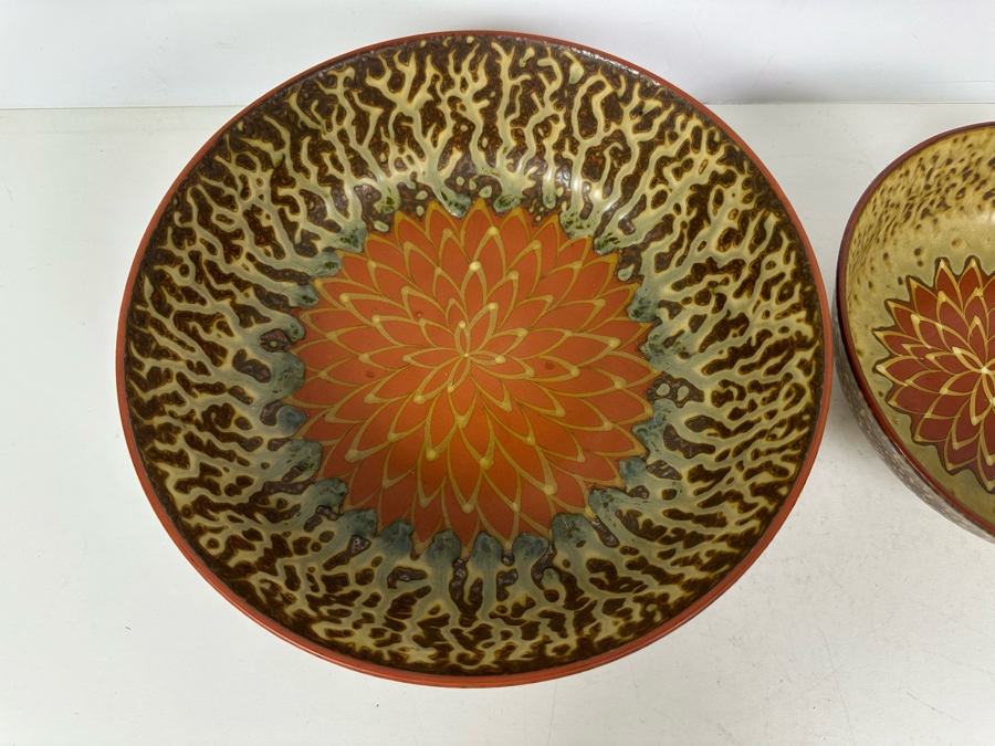 Pair Of Stunning Signed Asian Lotus Pottery Bowls 9.5'W & 7.5'W [Photo 3]