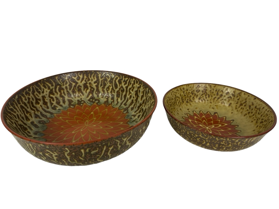 Pair Of Stunning Signed Asian Lotus Pottery Bowls 9.5'W & 7.5'W [Photo 2]