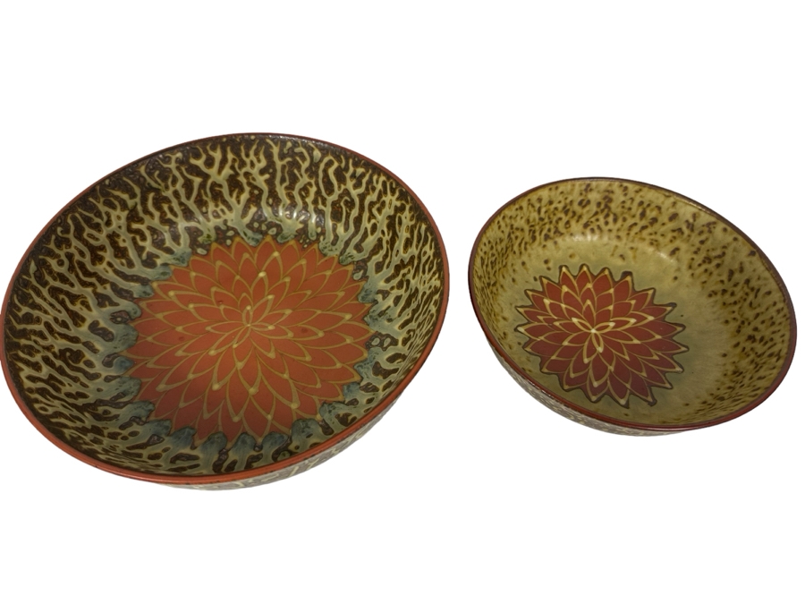 Pair Of Stunning Signed Asian Lotus Pottery Bowls 9.5'W & 7.5'W