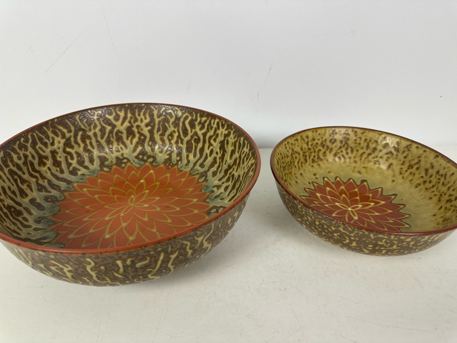 Pair Of Stunning Signed Asian Lotus Pottery Bowls 9.5'W & 7.5'W [Photo 6]