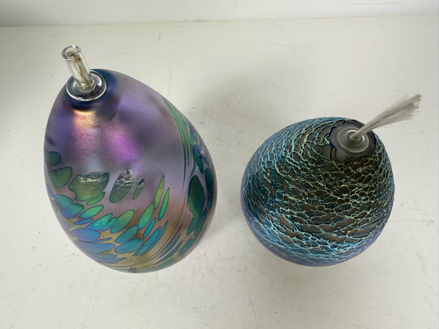 Pair Of Artist Signed Art Glass Egg Oil Lamps By Brian Maytum And Stuart Abelman 5.5'H & 4'H [Photo 2]