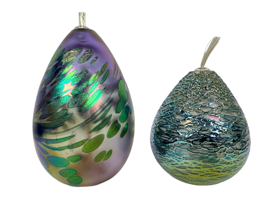 Pair Of Artist Signed Art Glass Egg Oil Lamps By Brian Maytum And Stuart Abelman 5.5'H & 4'H