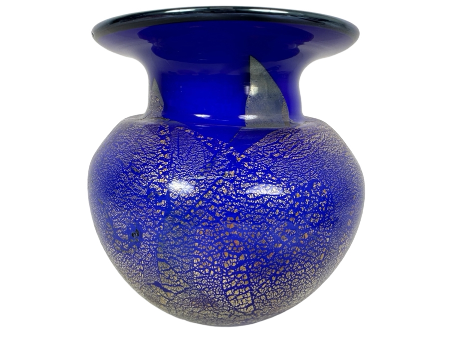 Vintage Signed Thames Art Glass Vase In Blue With Gold Specks By Matthew Buechner Rhode Island 6.5'H