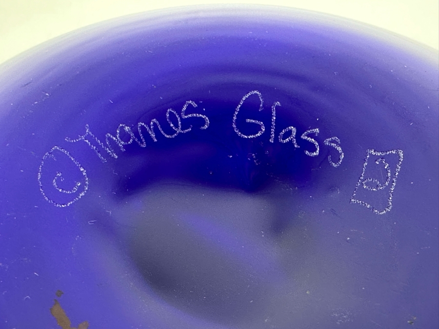 Vintage Signed Thames Art Glass Vase In Blue With Gold Specks By Matthew Buechner Rhode Island 6.5'H [Photo 8]