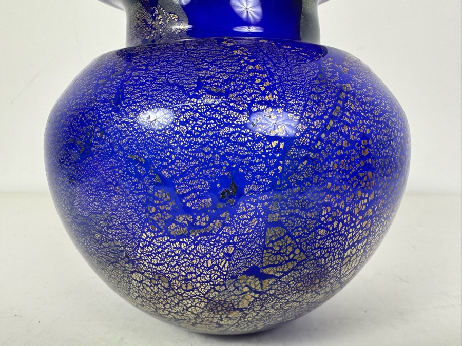 Vintage Signed Thames Art Glass Vase In Blue With Gold Specks By Matthew Buechner Rhode Island 6.5'H [Photo 4]