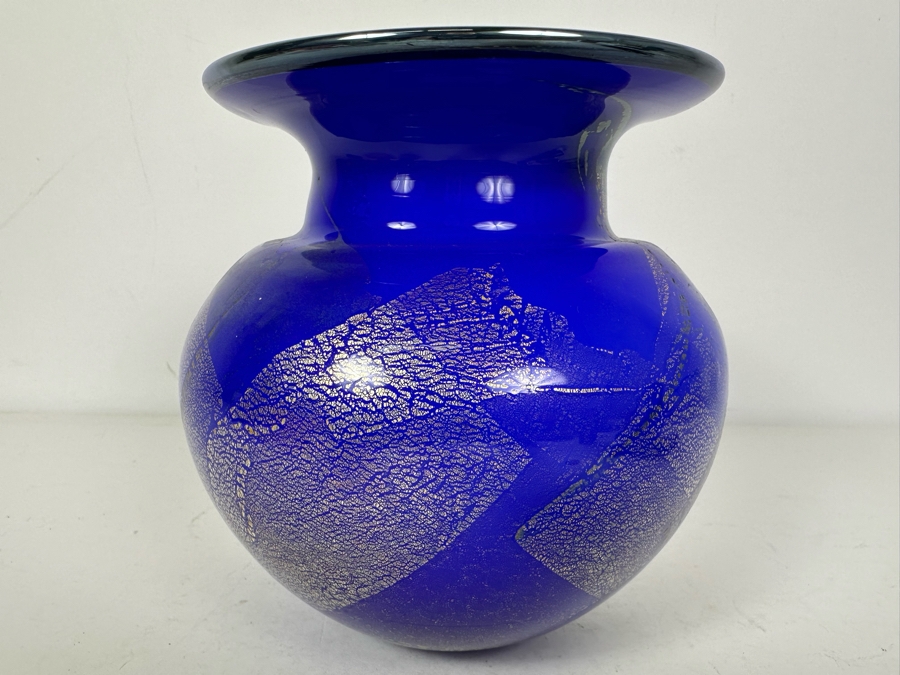 Vintage Signed Thames Art Glass Vase In Blue With Gold Specks By Matthew Buechner Rhode Island 6.5'H [Photo 2]