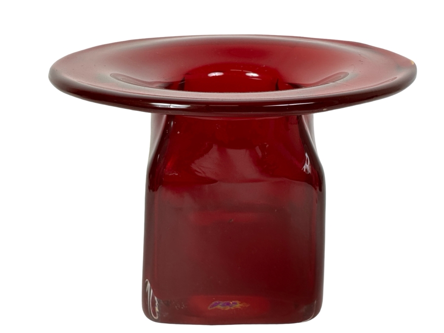 Vintage MCM Red Art Glass Vase 6.5'W X 5.5'H