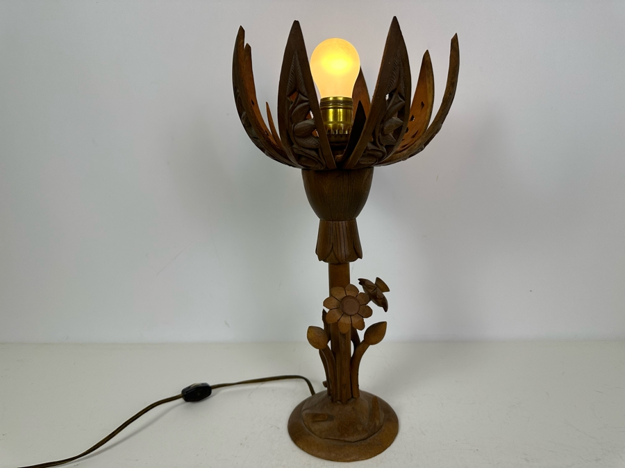 Vintage Hand Carved Wooden Blossoming Lotus Flower Table Lamp 16'H [Photo 10]