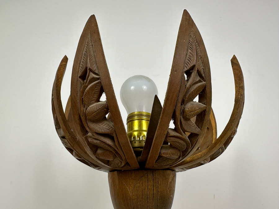 Vintage Hand Carved Wooden Blossoming Lotus Flower Table Lamp 16'H [Photo 2]